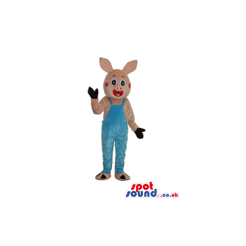 Customizable All Pink Rabbit Mascot Wearing Blue Overalls -