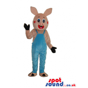 Customizable All Pink Rabbit Mascot Wearing Blue Overalls -