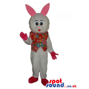 Cute Customizable All White Rabbit Mascot Wearing A Flowery