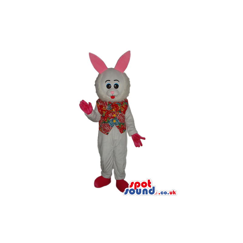 Cute Customizable All White Rabbit Mascot Wearing A Flowery