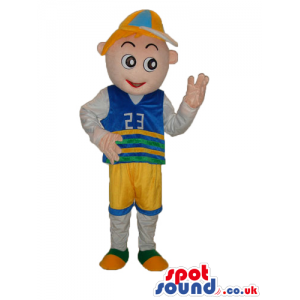 Happy Boy Mascot Wearing Blue And Yellow Clothes And A Cap -