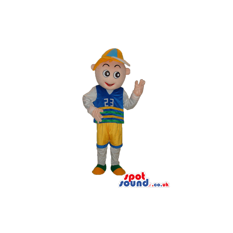 Happy Boy Mascot Wearing Blue And Yellow Clothes And A Cap -