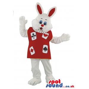 White rabbit mascot in a red dress with playing cards print -