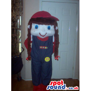 Girl Character Mascot Wearing Overalls And A Red Cap - Custom