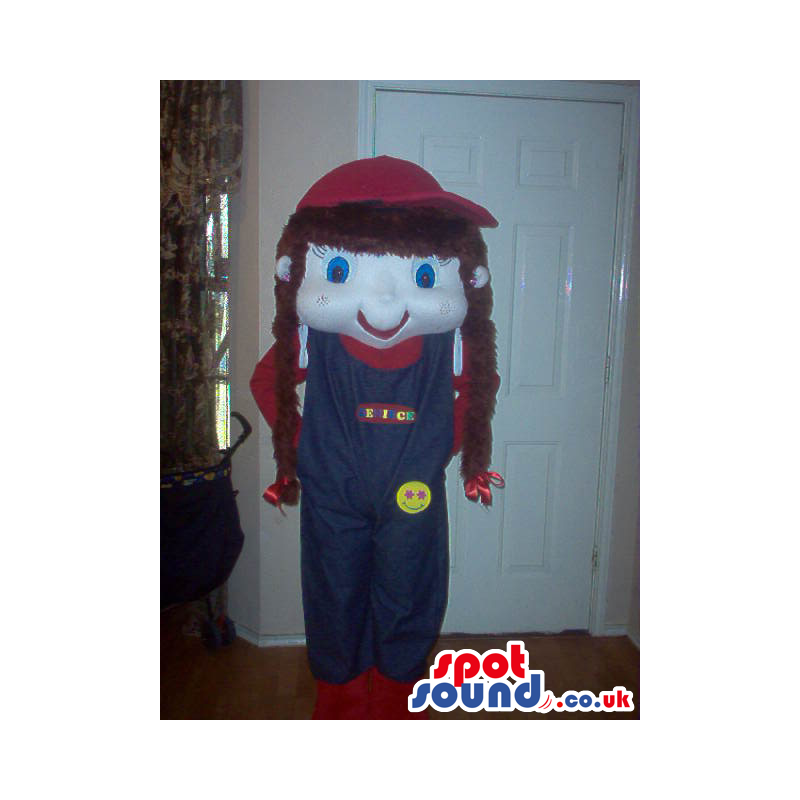 Girl Character Mascot Wearing Overalls And A Red Cap - Custom