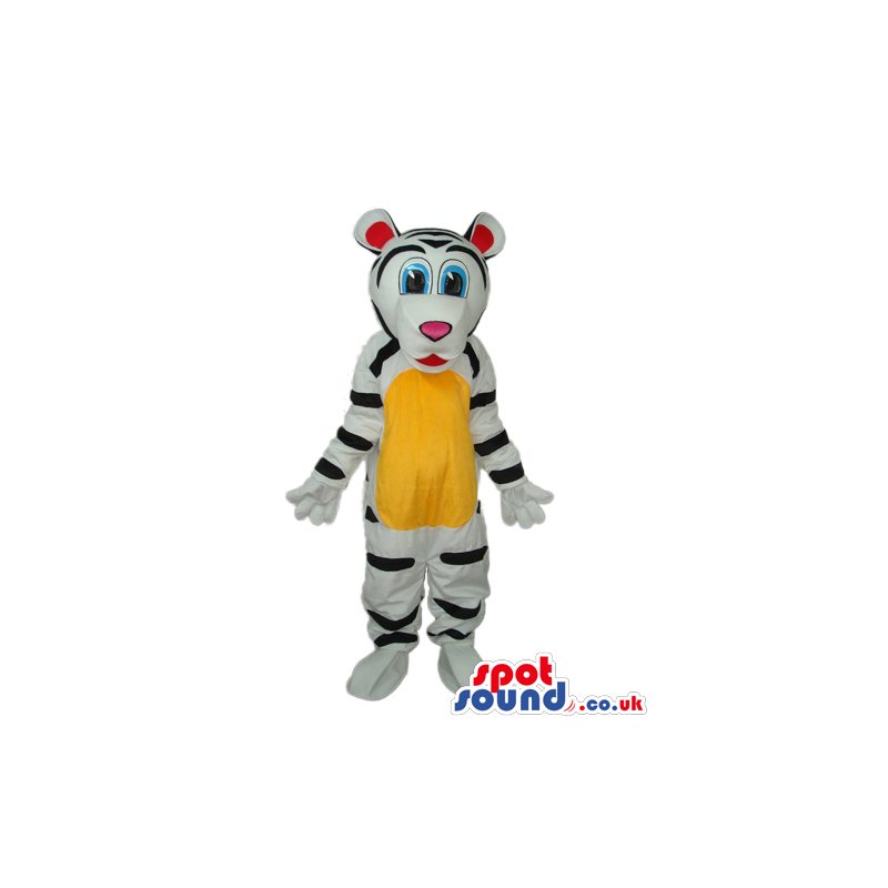 Cute White Tiger Plush Mascot With A Yellow Belly And Blue Eyes