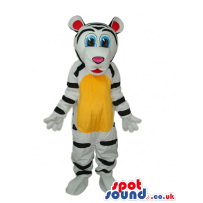 Cute White Tiger Plush Mascot With A Yellow Belly And Blue Eyes