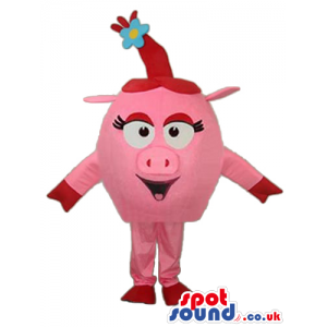 Pink Pig Head Animal Farm Plush Mascot With Blue Flower -