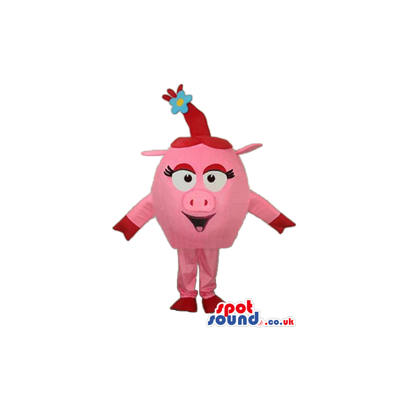 Pink Pig Head Animal Farm Plush Mascot With Blue Flower -
