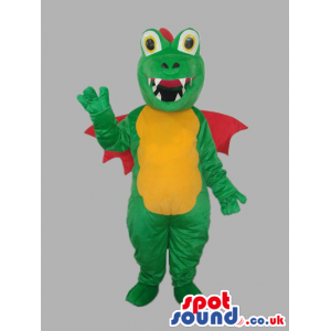 Green Dragon Plush Mascot With Red Wings And Yellow Belly -