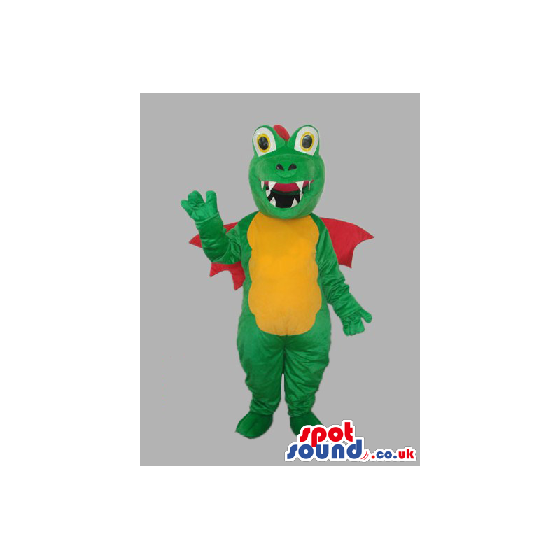 Green Dragon Plush Mascot With Red Wings And Yellow Belly -