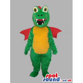 Green Dragon Plush Mascot With Red Wings And Yellow Belly -