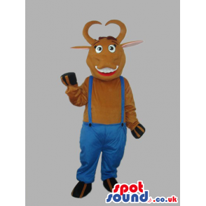 Brown Cow Animal Plush Mascot With Blue Overalls - Custom