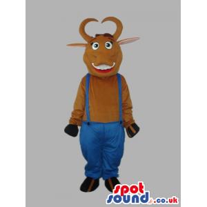 Brown Cow Animal Plush Mascot With Blue Overalls - Custom