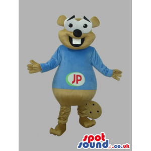 Beige Otter Animal Plush Mascot With A Blue T-Shirt With Logo -