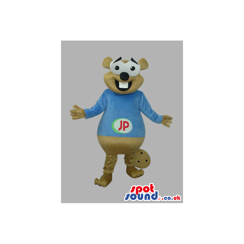 Beige Otter Animal Plush Mascot With A Blue T-Shirt With Logo -