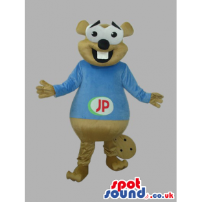 Beige Otter Animal Plush Mascot With A Blue T-Shirt With Logo -