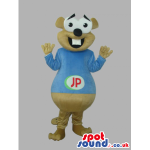 Beige Otter Animal Plush Mascot With A Blue T-Shirt With Logo -