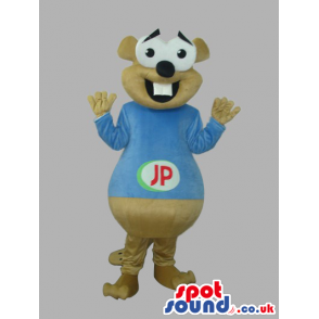 Beige Otter Animal Plush Mascot With A Blue T-Shirt With Logo -