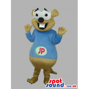 Beige Otter Animal Plush Mascot With A Blue T-Shirt With Logo -