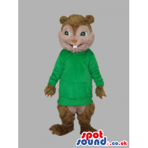 Brown Chipmunk Plush Mascot With Green Long T-Shirt - Custom