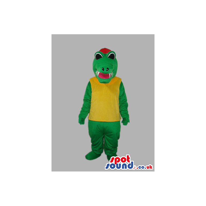 Green Dragon Plush Mascot With Red Tongue And Yellow T-Shirt -