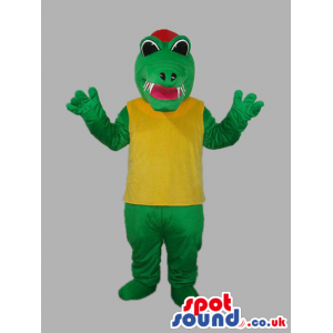 Green Dragon Plush Mascot With Red Tongue And Yellow T-Shirt -