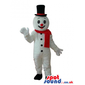White Snowman Plush Mascot With A Red Scarf And Top Hat -