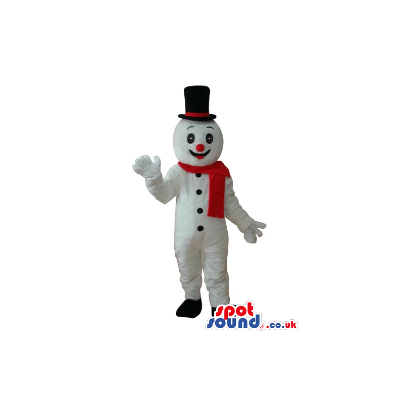 White Snowman Plush Mascot With A Red Scarf And Top Hat -