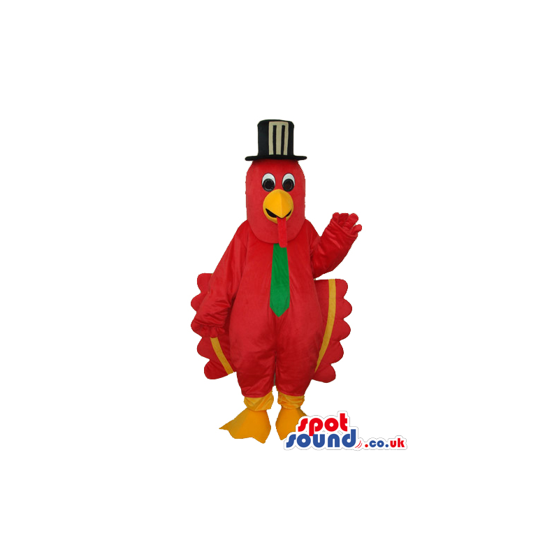 Funny Red Turkey Mascot With Green Tie And Top Hat - Custom