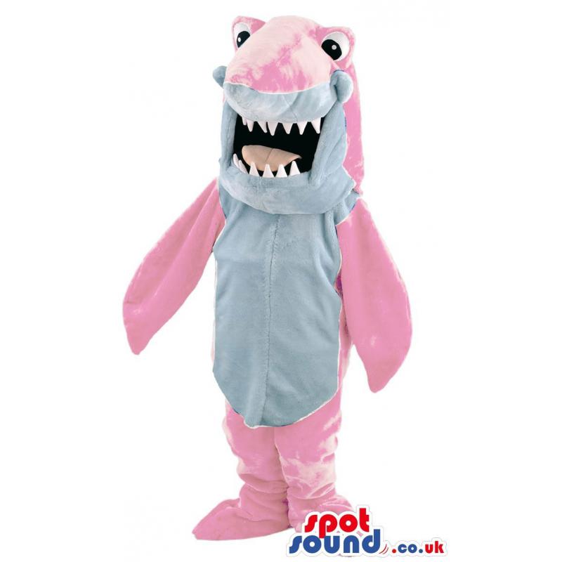 Pink colour shark mascot with open mouth showing his sharp