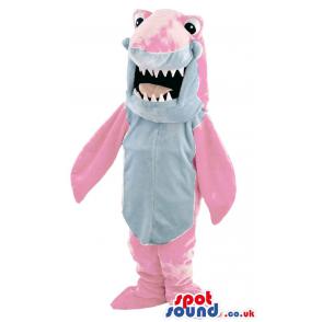 Pink colour shark mascot with open mouth showing his sharp