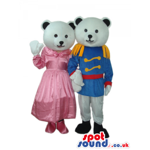 White Teddy Bear Couple Plush Mascot Wearing Prince Garments -