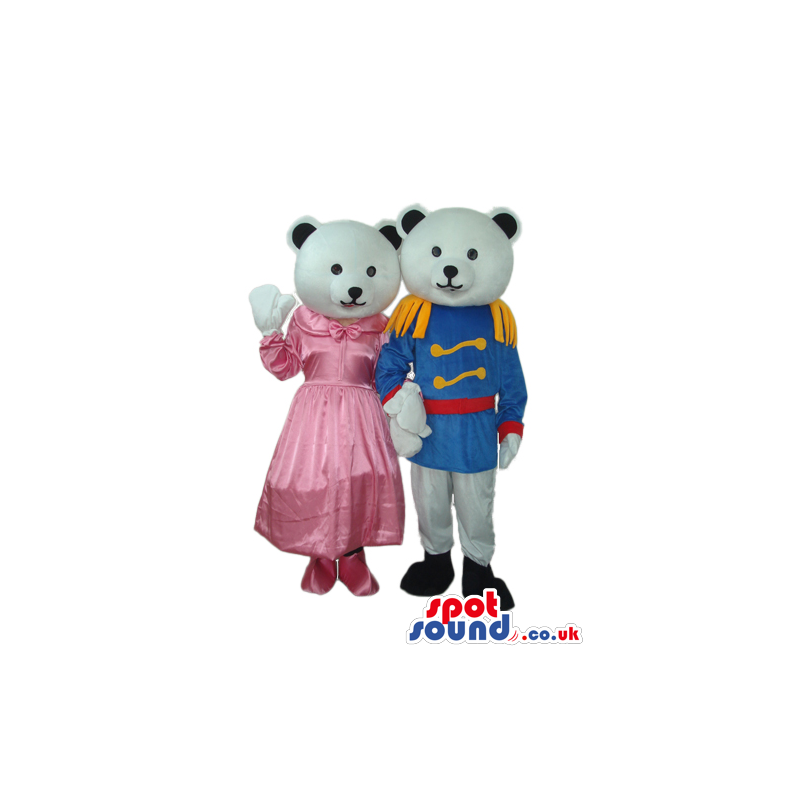 White Teddy Bear Couple Plush Mascot Wearing Prince Garments -