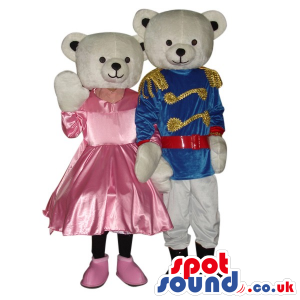 White Teddy Bear Couple Plush Mascot Wearing Prince Garments -