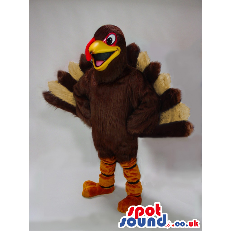 Funny Brown And Beige Turkey Mascot With A Great Open Tail -