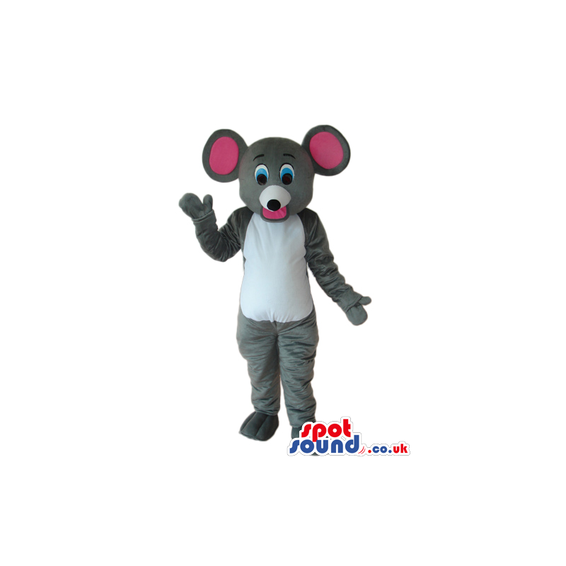 Grey Mouse Plush Mascot With A White Belly And Pink Ears -
