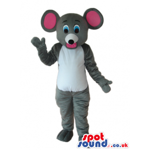 Grey Mouse Plush Mascot With A White Belly And Pink Ears -