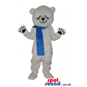 White Bear Plush Animal Mascot With Closed Eyes And Blue Scarf