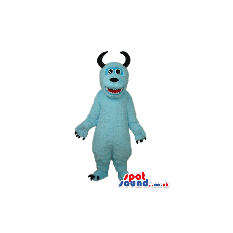 Light Blue Monster Plush Mascot With Black Curved Horns -