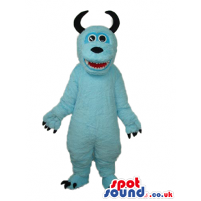 Light Blue Monster Plush Mascot With Black Curved Horns -