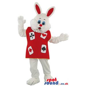 White rabbit mascot in a red dress with playing cards print -