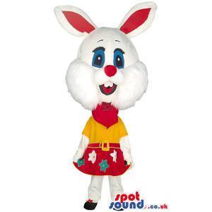 White rabbit mascot with her red and yellow flower dress -