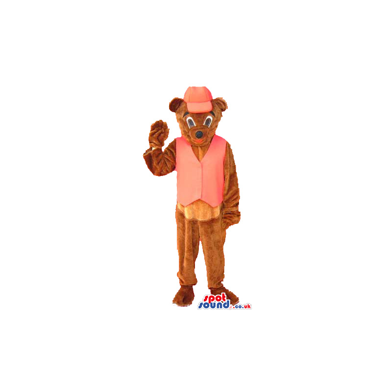 Cute Brown Teddy Bear Plush Mascot With Red Cap And Vest -