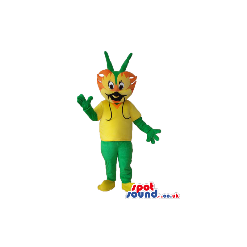 Cute Green And Yellow Bug Mascot Wearing A T-Shirt - Custom