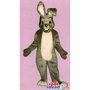 Grey Bunny Plush Mascot With A White Long Belly And Teeth -