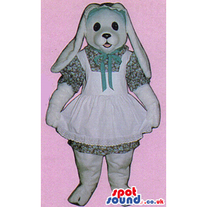 White Bunny Plush Mascot Wearing A Girl Flowery Dress - Custom