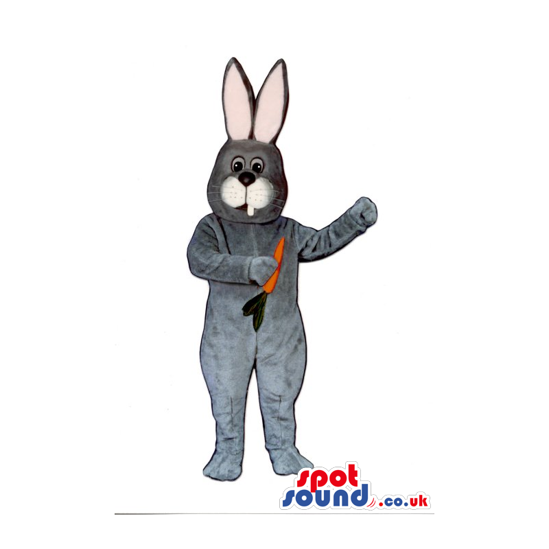 All Grey Bunny Plush Mascot With A Small Carrot And Tooth -