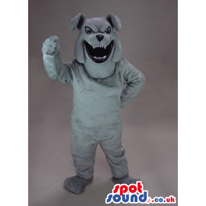 Angry Grey Dog Plush Mascot With Sharp Teeth And Bent Ears -