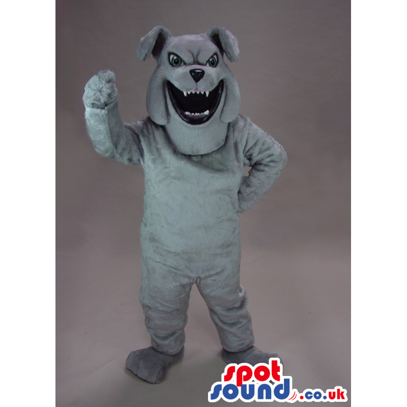 Angry Grey Dog Plush Mascot With Sharp Teeth And Bent Ears -